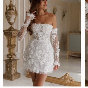 White Floral Off-Shoulder Mini Dress with Sheer Sleeves